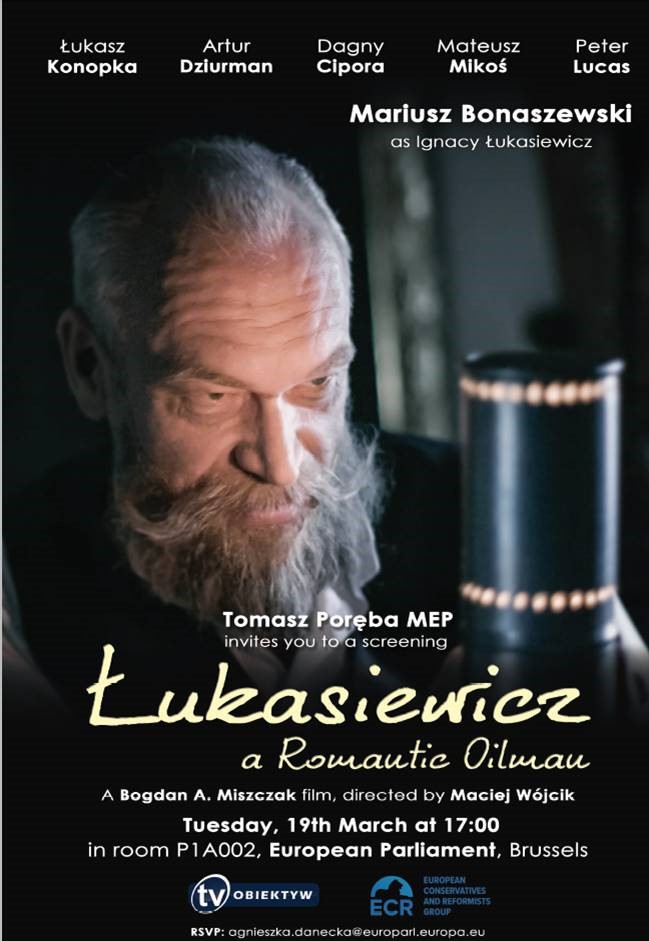Plakat zapowiadający projekcję filmu "Łukasiewicz nafciarz romantyk" w Parlamencie Europejskim