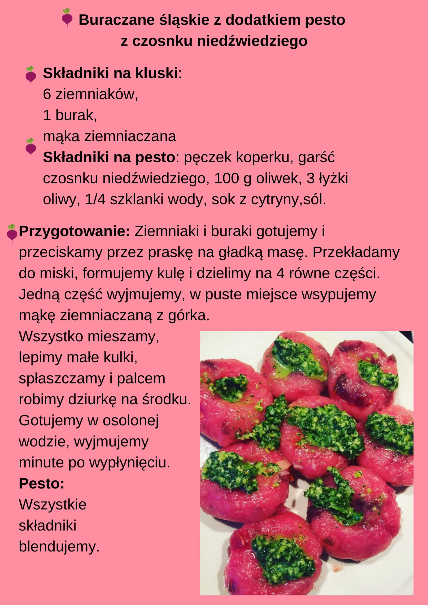 Buraczane kluski śląskie z dodatkiem pesto z czosnku niedzwiedziego