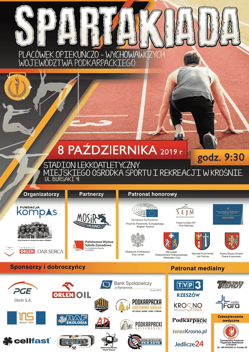 We wtorek 8 października br. na obiektach Miejskiego Ośrodka Sportu i Rekreacji w Krośnie odbędzie się Spartakiada Placówek Opiekuńczo – Wychowawczych Województwa Podkarpackiego, którego organizatorem będzie Fundacja Kompas i Dom Dziecka