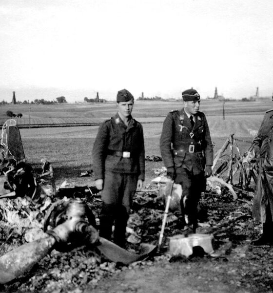 109. Szczątki Dorniera rozbitego po nalocie na lotnisko w Moderówce, oglądanie przez żołnierzy Luftwaffe po zajęciu w 1939 r. Podkarpacia przez Niemców