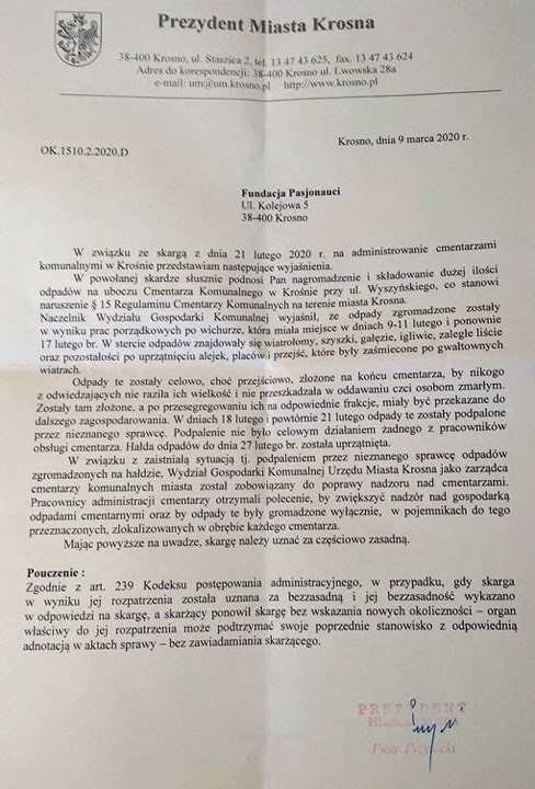 Odpowiedź na skargę złożoną do Prezydenta Miasta Krosna przez Fundację Pasjonauci