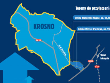 Mapka terenów, o które od 1 stcyznia 2021r. powiększy się Krosno