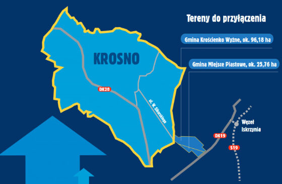 Mapka terenów, o które od 1 stcyznia 2021r. powiększy się Krosno