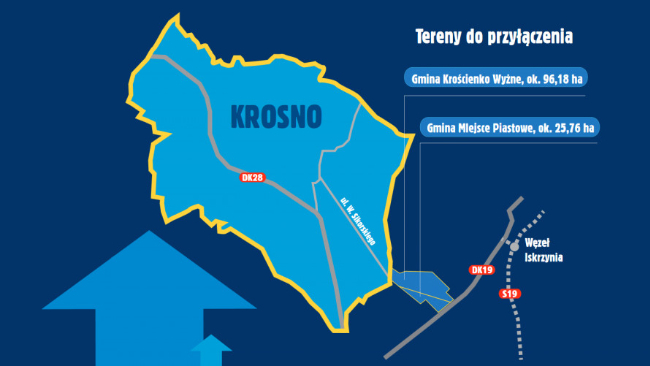 Mapka terenów, o które od 1 stcyznia 2021r. powiększy się Krosno