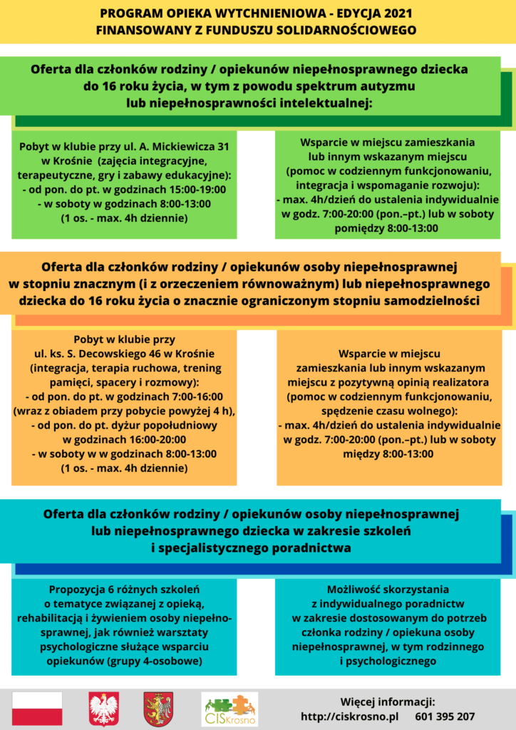Gmina Krosno rozpoczyna realizację Programu „Opieka wytchnieniowa – edycja 2021”, finansowanego przez Ministerstwo Rodziny i Polityki Społecznej z Funduszu Solidarnościowego.