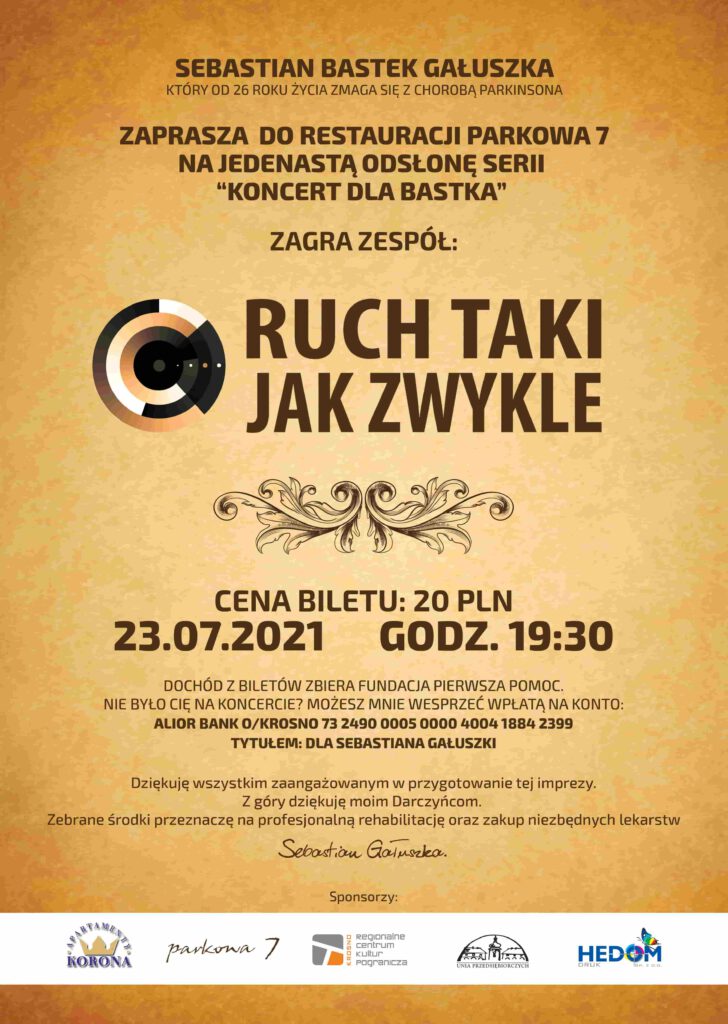 plakat koncertu zespołu Ruch Taki Jak Zwykle. Wydarzenie odbędzie się w ramach pomocy dla chorego na Parkinsona Sebastiana Gałuszki