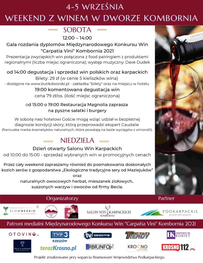 Plakat reklamujący 4-5 września - Weekend z Winem w Dworze Kombornia