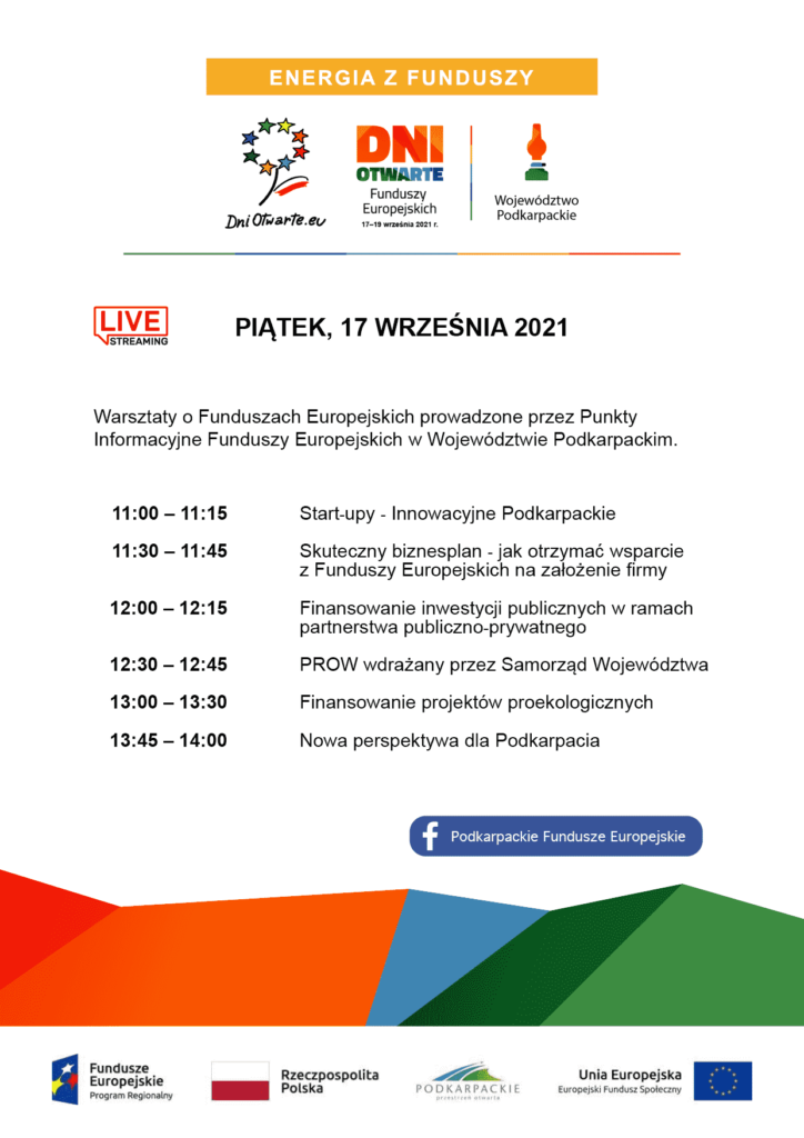 Plakat Dni Otwartych Funduszy Europejskich organizowanych razem z Etnocentrum Ziemi Krośnieńskiej i Muzeum Przemysłu Naftowego i Gazowniczego im. Ignacego Łukasiewicza w Bóbrce!