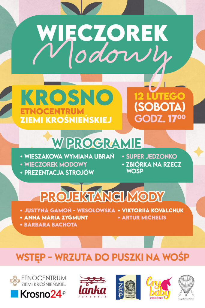 Plakat Wieczorku modowego i wieszakowej wymiany ubrań, które odbędą się 12 lutego w Etnocentrum Ziemii Krośnieńskiej