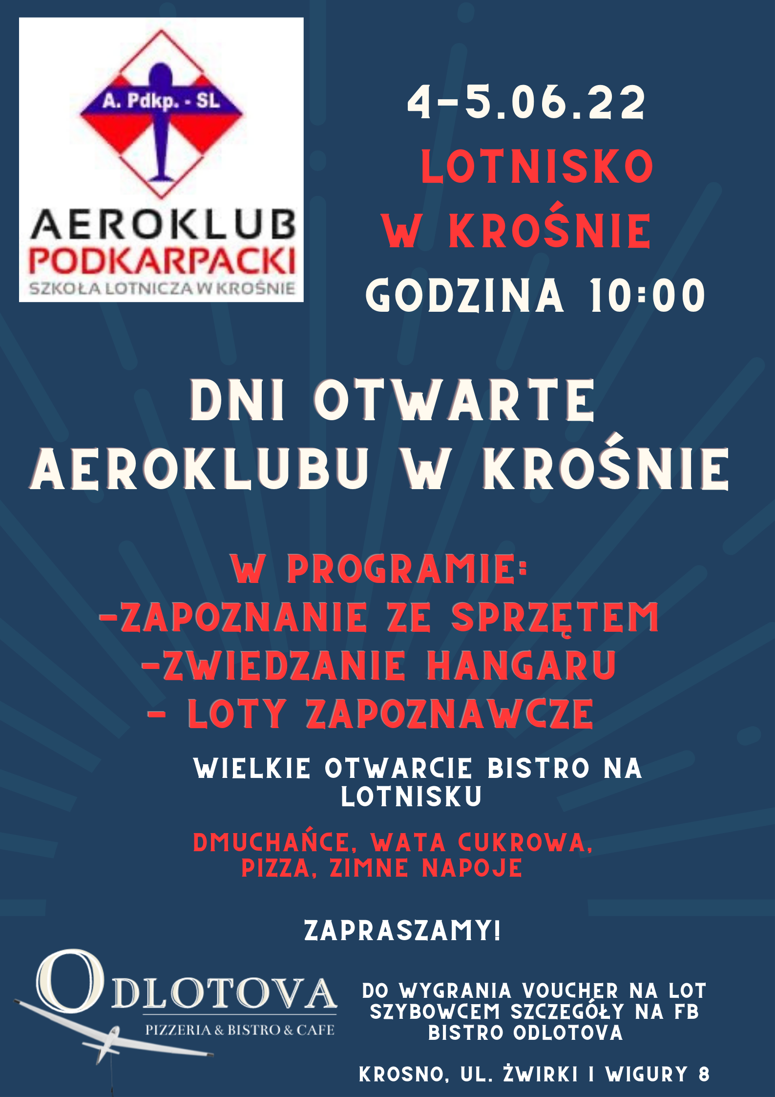 Plakat informacyjny dni otwartych Aeroklubu Podkarpackiego w Krośnie